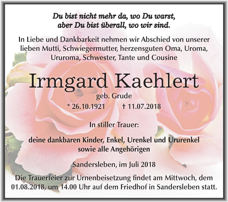  Traueranzeige für Irmgard Kaehlert vom 21.07.2018 aus Mitteldeutsche Zeitung