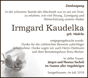 Traueranzeige von Irmgard Kaudelka von Super Sonntag SGH Mansf. Land