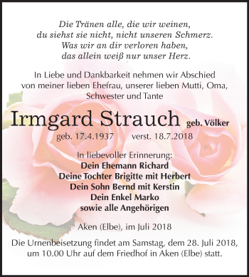 Traueranzeige von Irmgard Strauch von Mitteldeutsche Zeitung Köthen