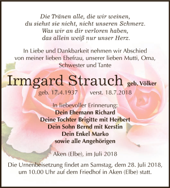 Traueranzeige von Irmgard Strauch von WVG - Wochenspiegel Dessau / Köthen