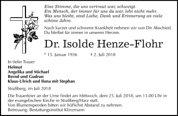 Traueranzeige von Isolde Henze-Flohr von Mitteldeutsche Zeitung Quedlinburg