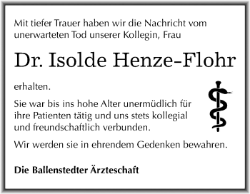 Traueranzeige von Isolde Henze-Flohr von Mitteldeutsche Zeitung