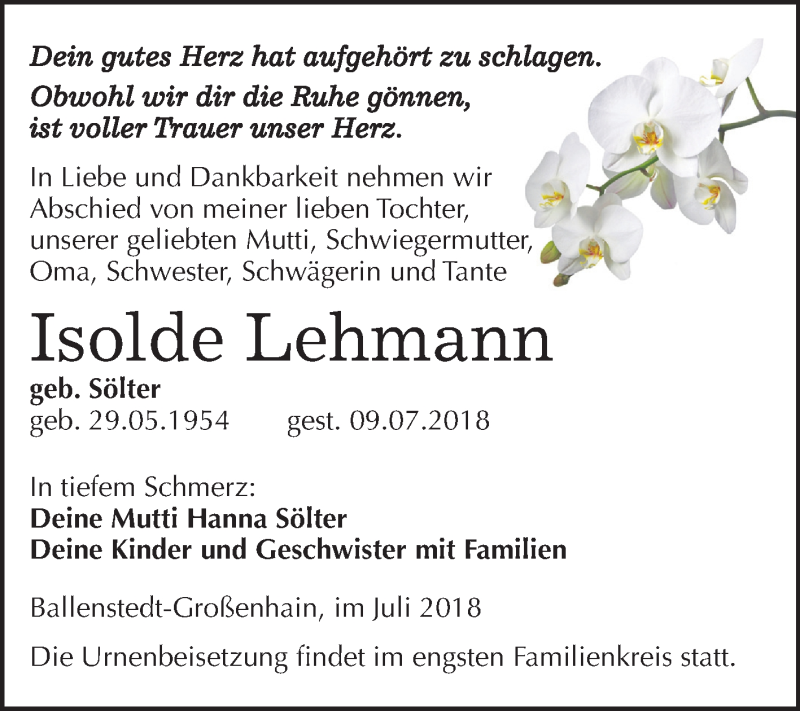  Traueranzeige für Isolde Lehmann vom 25.07.2018 aus Mitteldeutsche Zeitung Quedlinburg