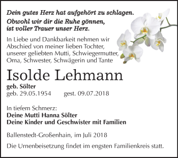Traueranzeige von Isolde Lehmann von Mitteldeutsche Zeitung Quedlinburg
