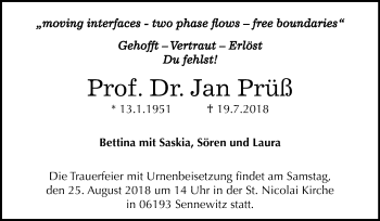 Traueranzeige von Jan Prüß von Mitteldeutsche Zeitung Halle/Saalkreis