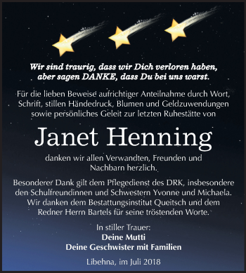 Traueranzeige von Janet Henning von Mitteldeutsche Zeitung Köthen