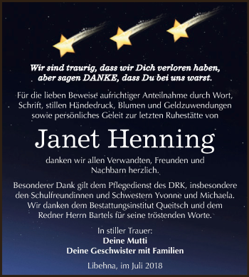 Traueranzeige von Janet Henning von WVG - Wochenspiegel Dessau / Köthen