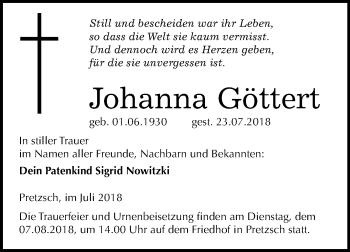 Traueranzeige von Johanna Göttert von Mitteldeutsche Zeitung