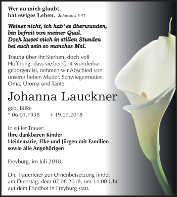 Traueranzeige von Johanna Lauckner von Mitteldeutsche Zeitung