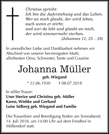 Traueranzeige von Johanna Müller von Mitteldeutsche Zeitung