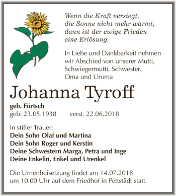 Traueranzeige von Johanna Tyroff von WVG - Wochenspiegel NMB / WSF / ZTZ