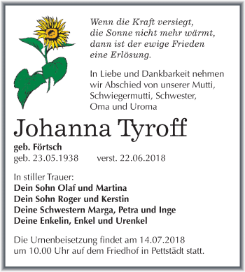 Traueranzeige von Johanna Tyroff von Mitteldeutsche Zeitung Weißenfels