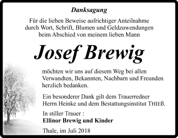 Traueranzeige von Josef Brewig von Mitteldeutsche Zeitung Quedlinburg