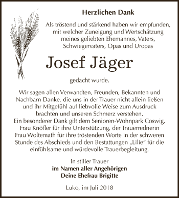 Traueranzeige von Josef Jäger von WVG - Wochenspiegel Dessau / Köthen