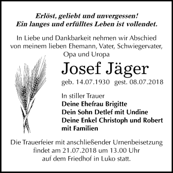 Traueranzeige von Josef Jäger von Mitteldeutsche Zeitung