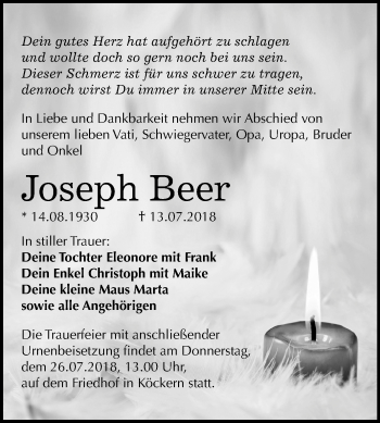 Traueranzeige von Joseph Beer von Mitteldeutsche Zeitung Bitterfeld