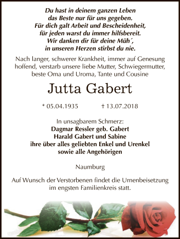 Traueranzeige von Jutta Gabert von WVG - Wochenspiegel NMB / WSF / ZTZ