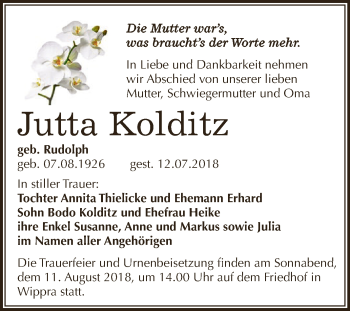 Traueranzeige von Jutta Kolditz von Super Sonntag SGH Mansf. Land