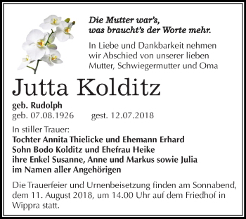 Traueranzeige von Jutta Kolditz von Mitteldeutsche Zeitung
