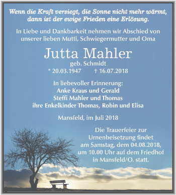 Traueranzeige von Jutta Mahler von Mitteldeutsche Zeitung