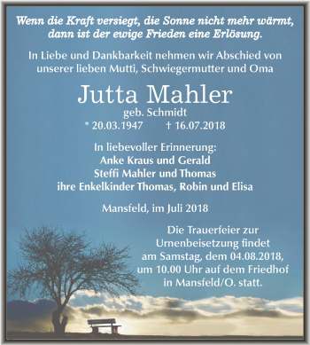 Traueranzeige von Jutta Mahler von Super Sonntag SGH Mansf. Land