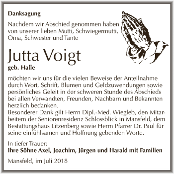 Traueranzeige von Jutta Voigt von Wochenspiegel Mansfelder Land