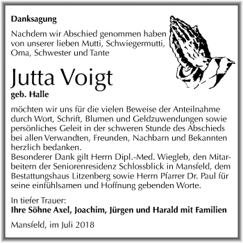 Traueranzeige von Jutta Voigt von Mitteldeutsche Zeitung
