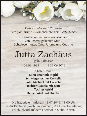 Traueranzeige von Jutta Zachäus von Mitteldeutsche Zeitung Merseburg/Querfurt