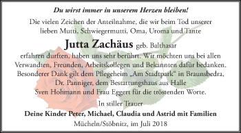 Traueranzeige von Jutta Zachäus von Mitteldeutsche Zeitung Merseburg/Querfurt