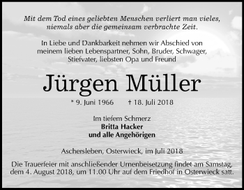 Traueranzeige von Jürgen Müller von Mitteldeutsche Zeitung Aschersleben