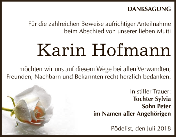 Traueranzeige von Karin Hofmann von WVG - Wochenspiegel NMB / WSF / ZTZ