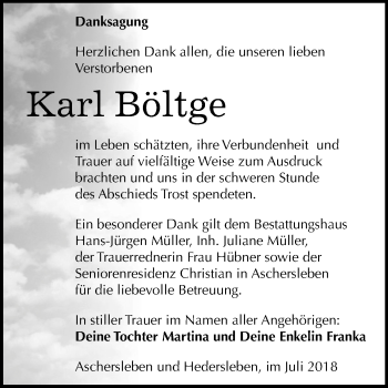 Traueranzeige von Karl Böltge von Mitteldeutsche Zeitung Quedlinburg