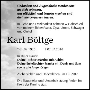 Traueranzeige von Karl Böltge von Mitteldeutsche Zeitung Quedlinburg