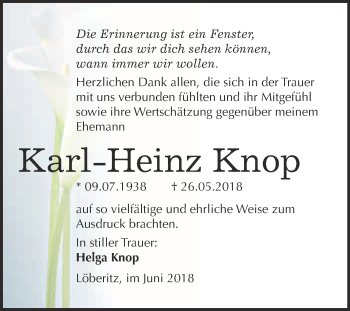 Traueranzeige von Karl-Heinz Knop von WVG - Wochenspiegel Bitterfeld