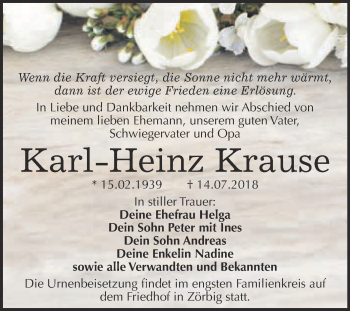 Traueranzeige von Karl-Heinz Krause von WVG - Wochenspiegel Bitterfeld