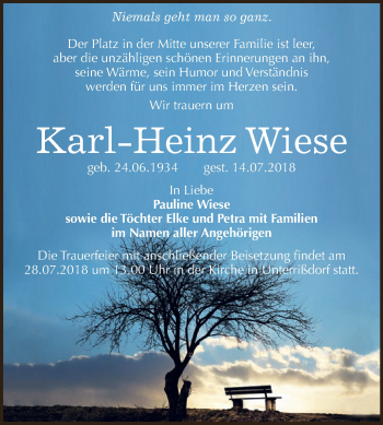 Traueranzeige von Karl-Heinz Wiese von Super Sonntag SGH Mansf. Land