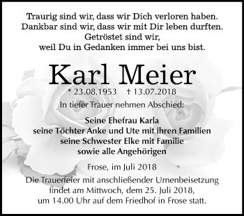 Traueranzeige von Karl Meier von Mitteldeutsche Zeitung Aschersleben