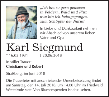 Traueranzeige von Karl Siegmund von Mitteldeutsche Zeitung