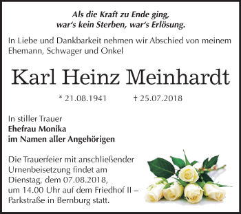 Traueranzeige von Karl Heinz Meinhardt von Mitteldeutsche Zeitung Bernburg