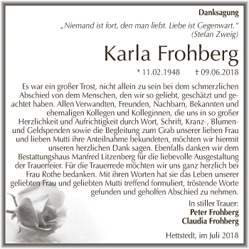 Traueranzeige von Karla Frohberg von Wochenspiegel Mansfelder Land