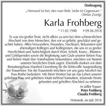 Traueranzeige von Karla Frohberg von Mitteldeutsche Zeitung