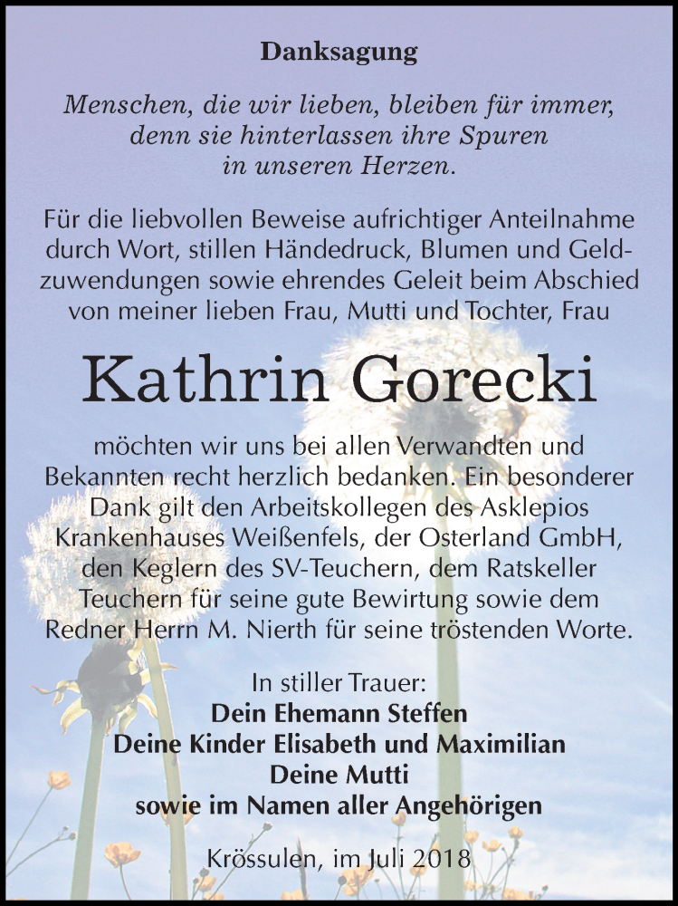  Traueranzeige für Kathrin Gorecki vom 04.07.2018 aus Mitteldeutsche Zeitung