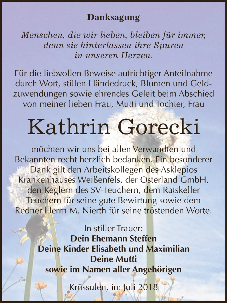  Traueranzeige für Kathrin Gorecki vom 04.07.2018 aus WVG - Wochenspiegel NMB / WSF / ZTZ