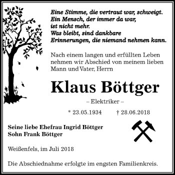 Traueranzeige von Klaus Böttger von Mitteldeutsche Zeitung Weißenfels