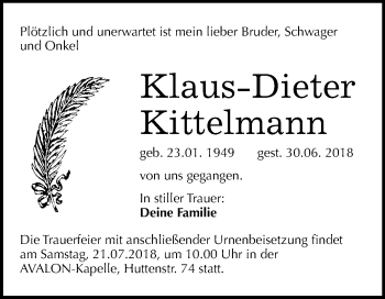 Traueranzeige von Klaus-Dieter Kittelmann von Mitteldeutsche Zeitung Halle/Saalkreis