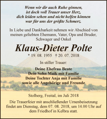 Traueranzeige von Klaus-Dieter Polte von Super Sonntag SGH Mansf. Land