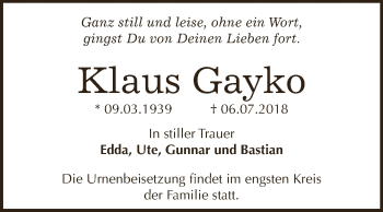 Traueranzeige von Klaus Gayko von WVG - Wochenspiegel Dessau / Köthen