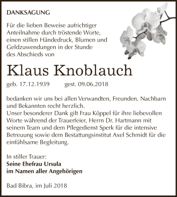 Traueranzeige von Klaus Knoblauch von WVG - Wochenspiegel NMB / WSF / ZTZ
