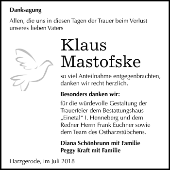 Traueranzeige von Klaus Mastofske von Mitteldeutsche Zeitung Quedlinburg