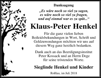 Traueranzeige von Klaus-Peter Henkel von Mitteldeutsche Zeitung Dessau-Roßlau